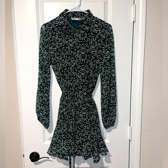 Zara Long Sleeve Belted Dark Green Floral Print Mini Dress - Picture 5 of 9
